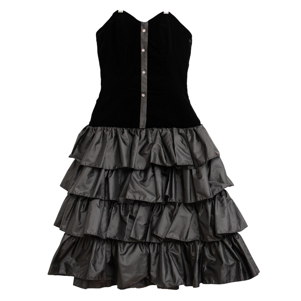 Dave & Johnny Black Velvet Tiered Ruffle Formal Dress Goth Glam Dark Victorian